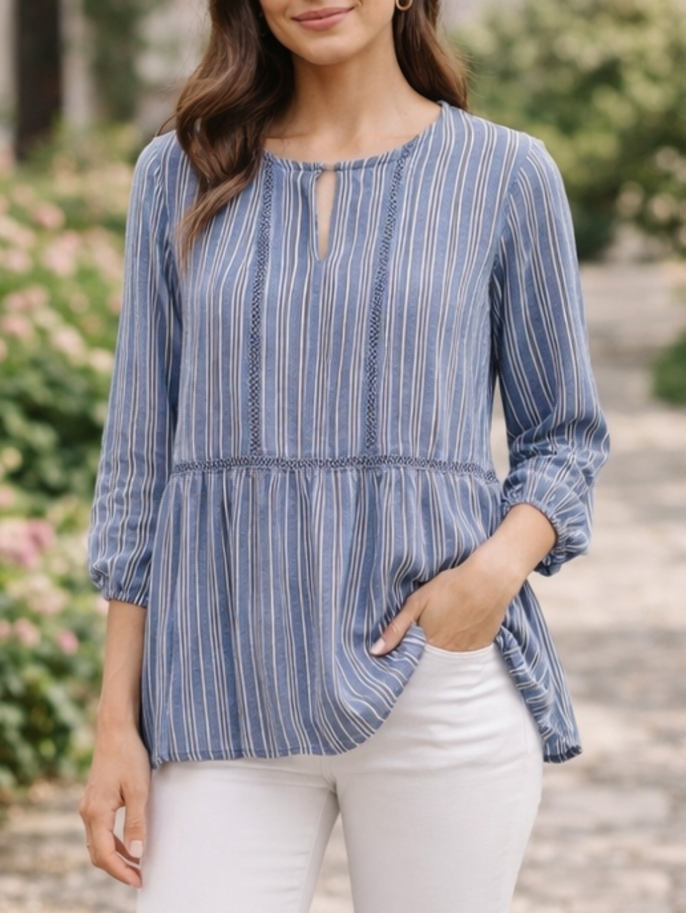 Fever Blue & White Striped Boho Peplum Blouse – Size Medium